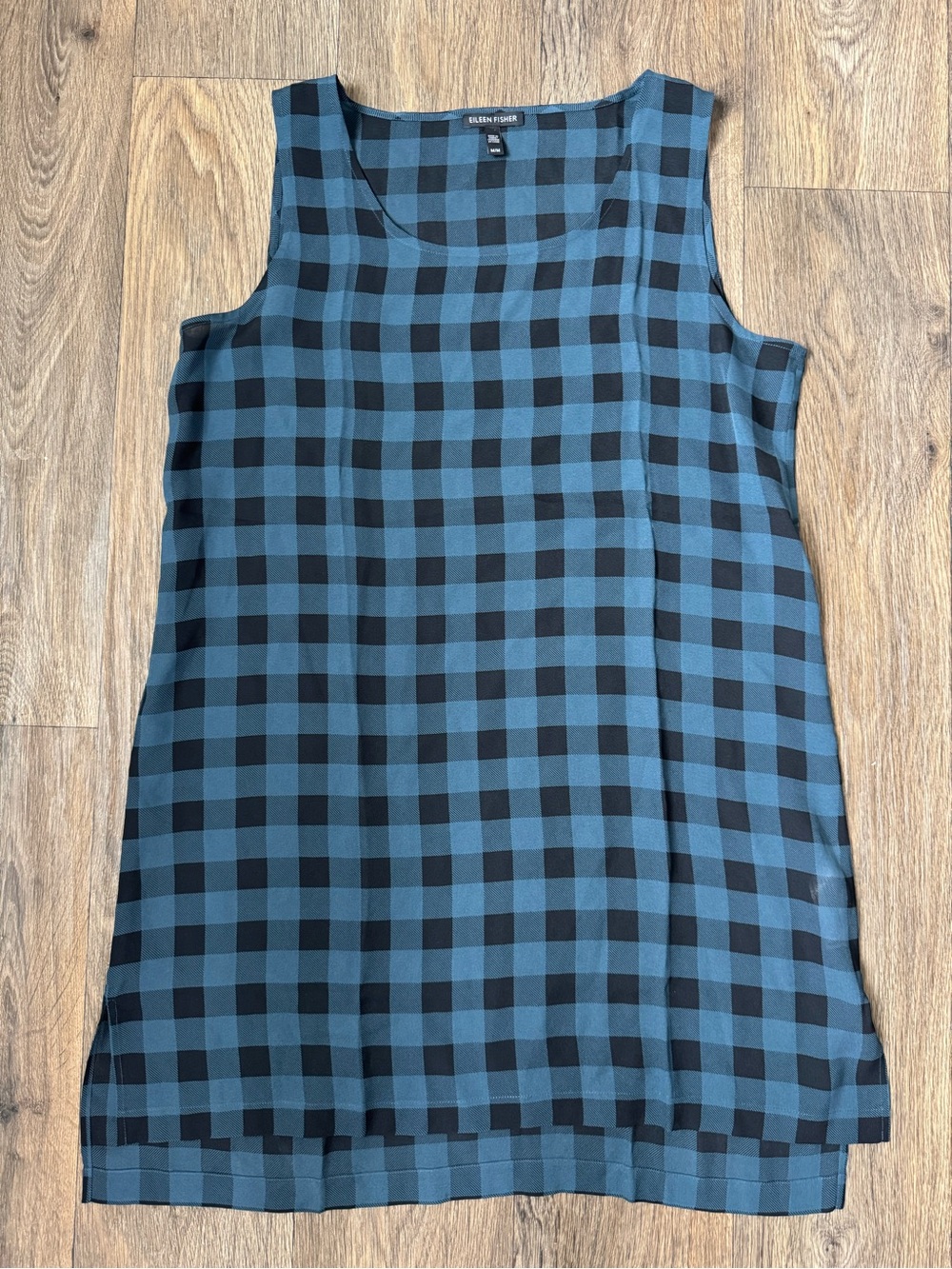 Eileen Fisher Silk Plaid Blue Black Scoop Neck Sleeveless Tunic Dress Sheer M